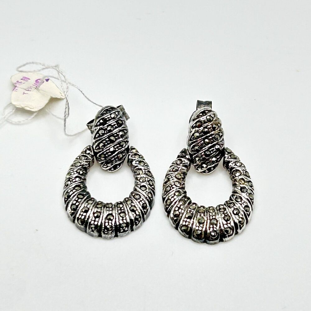 Vintage 925 Sterling Silver Door Knocker Earrings Marcasite Shiny 1" Thailand